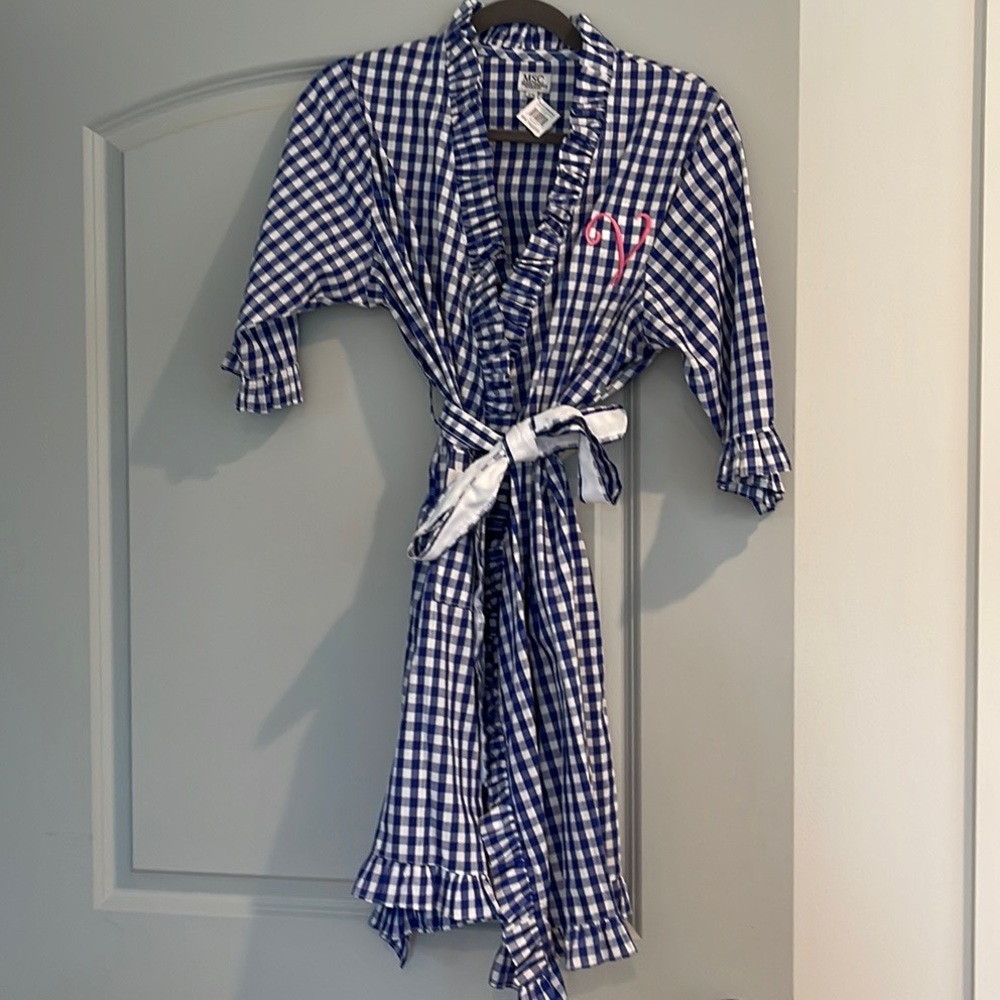 Mainstreet collection Blue Gingham Ruffle Robe “V” initial S/M